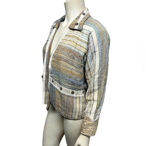 Vintage Silk Yak Magik Decoration Striped Jacket Light Open Coat Blazer Pockets - Picture 6 of 11